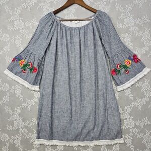 Beach Lunch Lounge‎ Embroidered Floral Striped Dress SP Linen Blend Fringe Boho